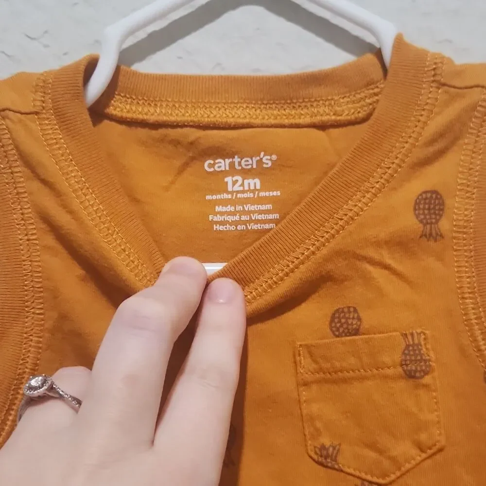 Carter's Baby Romper 12M 2PC Orange Brown Pineapple Button Outfit Set - Picture 3 of 14